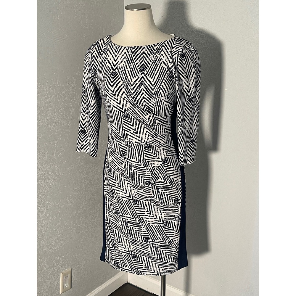 Lauren Ralph Lauren Navy White Geometric Chevron Sheath Dress 3/4 Sleeve Sz 6